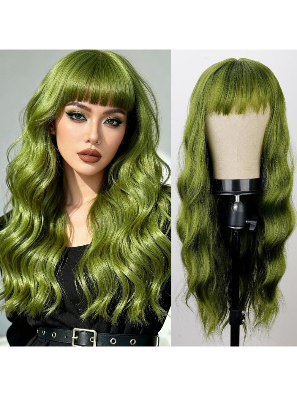Women's Green 26 Inch Natural Looking Synthetic Fiber Long Wavy Wigs Bangs